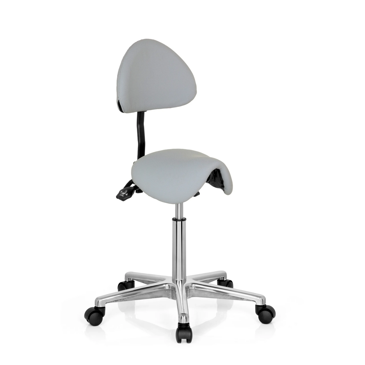 taburete de silla de montar TOP WORK 20 gris con respaldo y base de cinco ruedas de hjh OFFICE – vista de 360° (vista frontal en diagonal 40°)