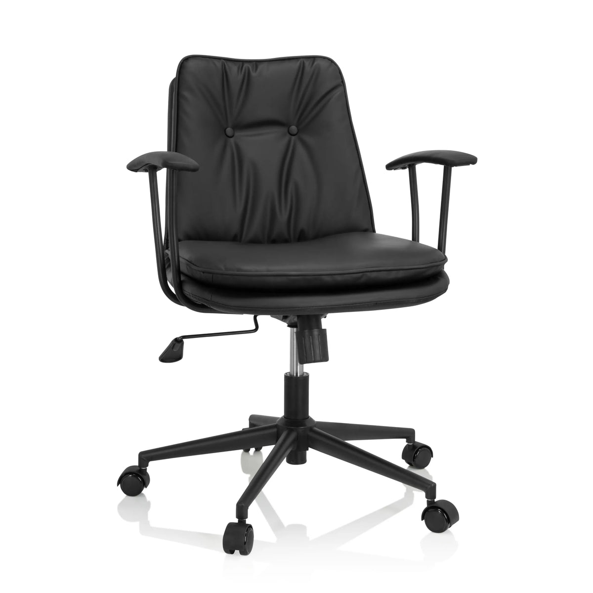 Silla Home Office SMALLO negra con acolchado y base de cinco ruedas de hjh OFFICE – vista de 360° (vista frontal 20°)
