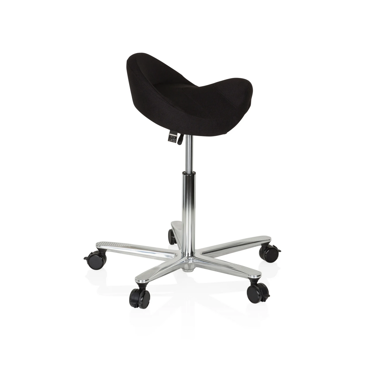 taburete de silla de montar MOVE-TEC 3D PRO I negro con una base de cinco ruedas de hjh OFFICE – vista de 360° (vista lateral 80°)