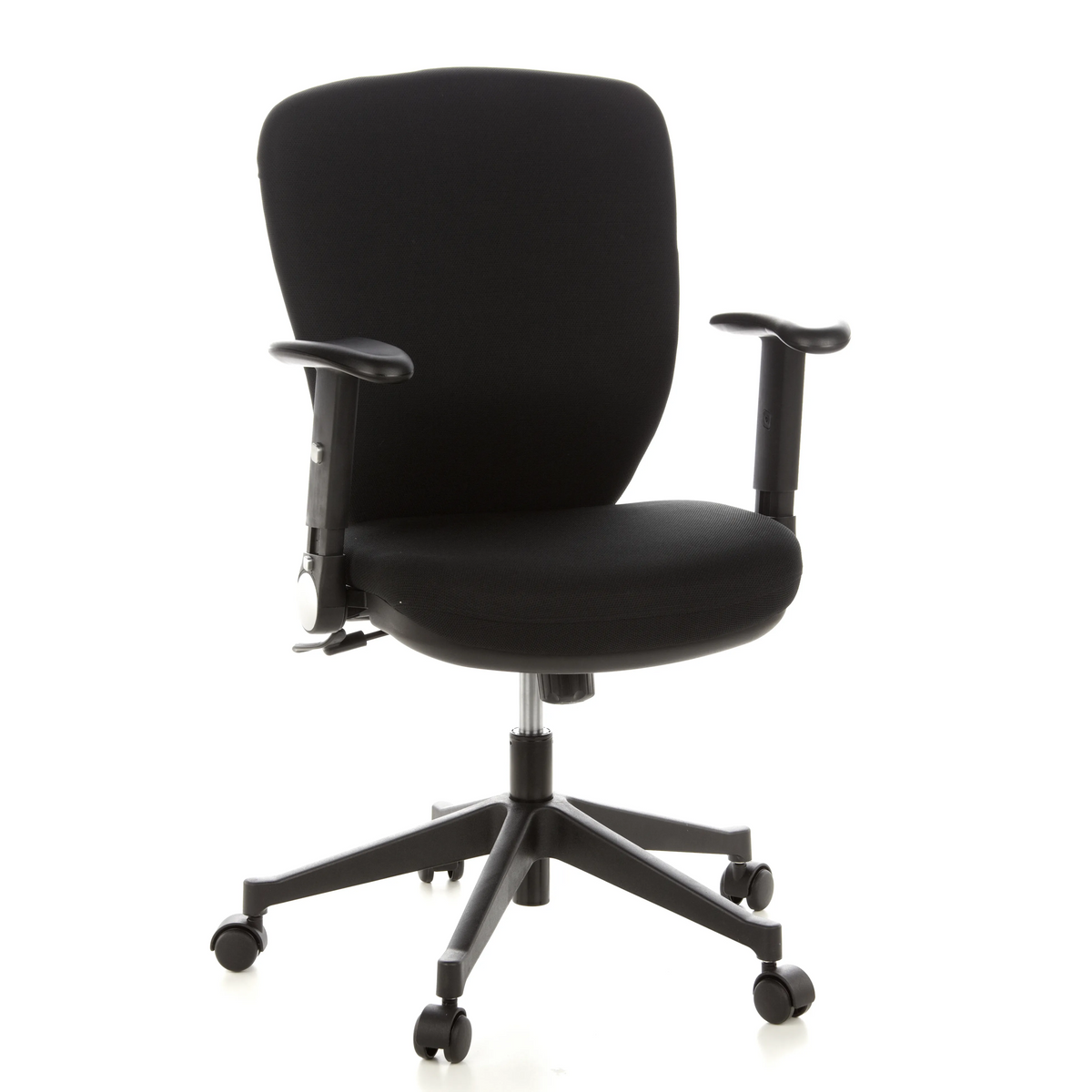 Silla de oficina profesional TRAFFIC 20 negra con reposabrazos y base de cinco ruedas de hjh OFFICE – vista de 360° (vista frontal 20°)