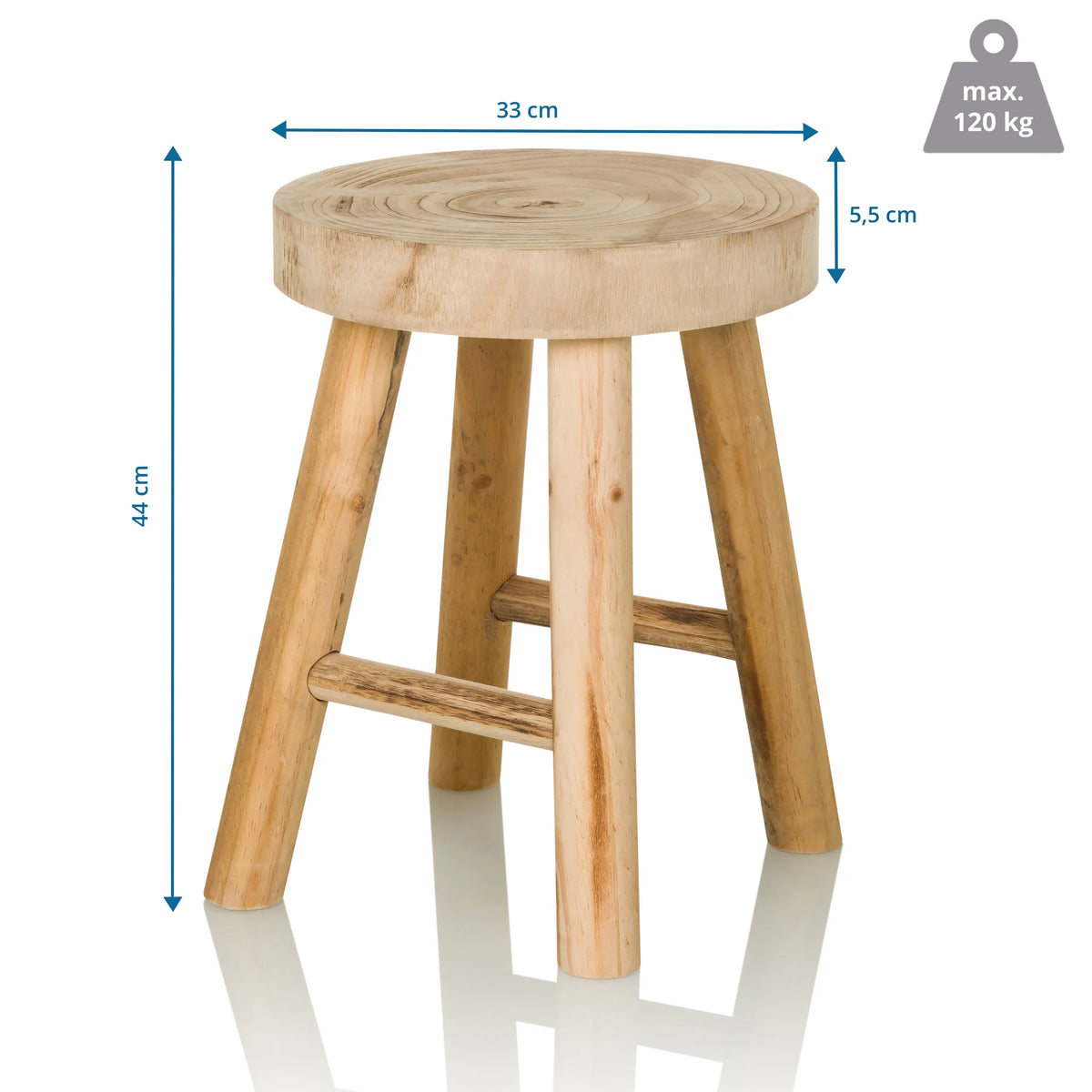 Vista dimensional del taburete RUSTIKO W con 44 cm de altura y 33 cm de diámetro de hjh LIVING