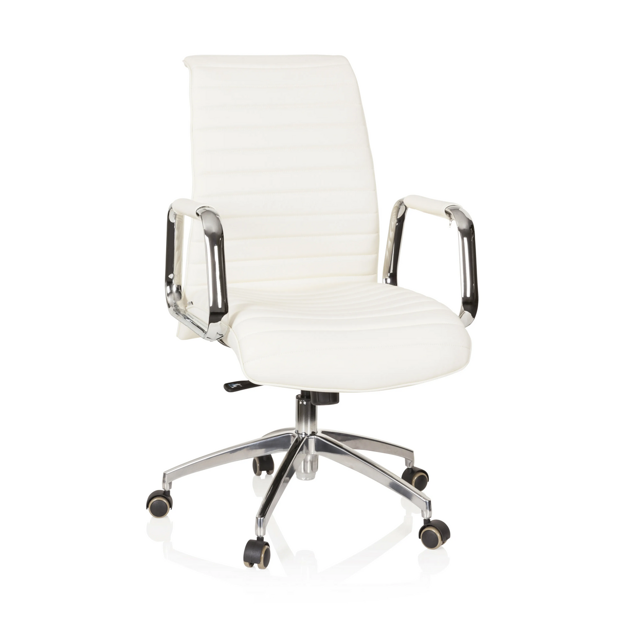 Sillón de oficina profesional ASPERA 10 en color blanco crema con reposabrazos y base de cinco ruedas de hjh OFFICE – vista de 360° (vista frontal 20°)