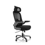 Silla giratoria XXL INSTRUCTOR T I PRO negra con respaldo de malla y base de cinco ruedas de hjh OFFICE – vista de 360° (vista frontal en diagonal 60°)