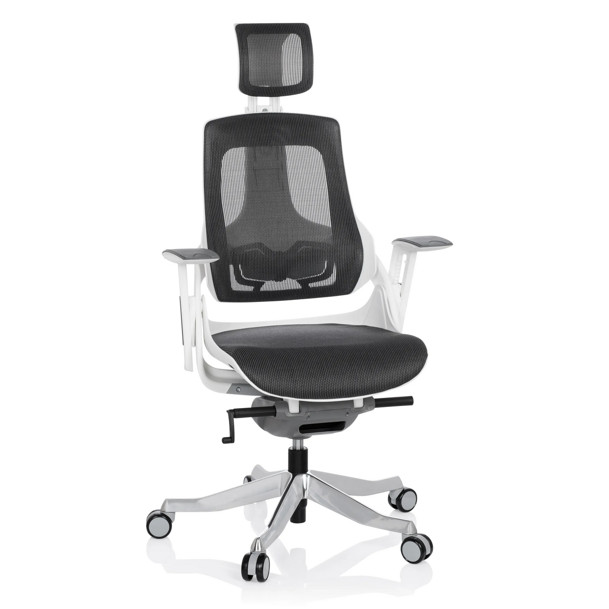 Silla de oficina profesional SPEKTRE gris con respaldo de malla y base de cinco ruedas de hjh OFFICE – vista de 360° (vista frontal 20°)