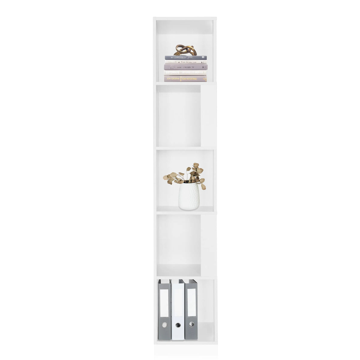 Estante blanco KALAG S con cuatro compartimentos abiertos, equipado con libros, un florero y carpetas de hjh LIVING