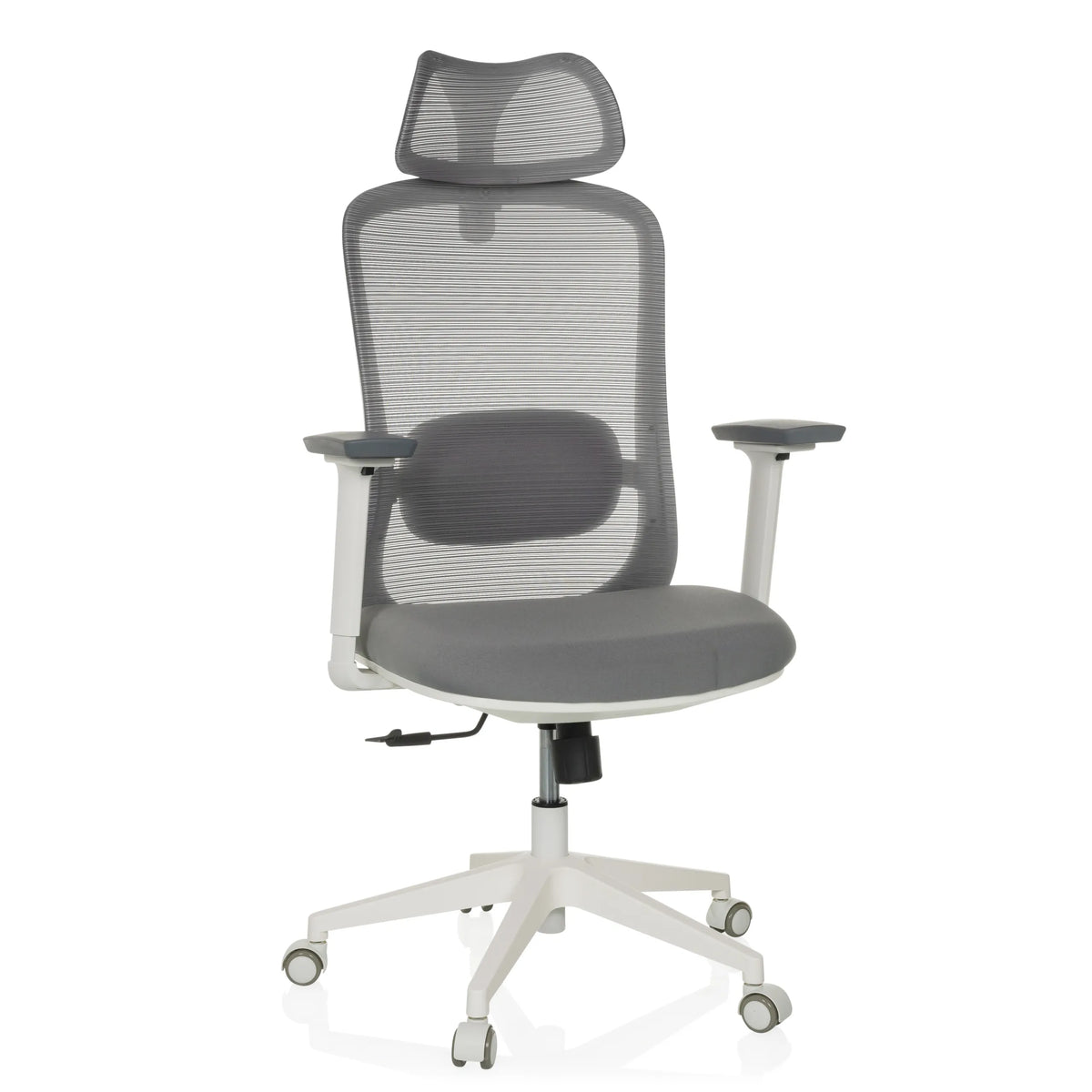 Silla de oficina profesional MIKEO G gris con respaldo de malla, reposacabezas y base de cinco ruedas de hjh OFFICE – vista de 360° (vista frontal 15°)