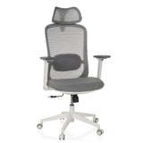 Silla de oficina profesional MIKEO G gris con respaldo de malla, reposacabezas y base de cinco ruedas de hjh OFFICE – vista de 360° (vista frontal 15°)