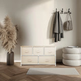 Cómoda beige FOLDAR con cinco cajones de tela y estructura blanca de hjh LIVING
