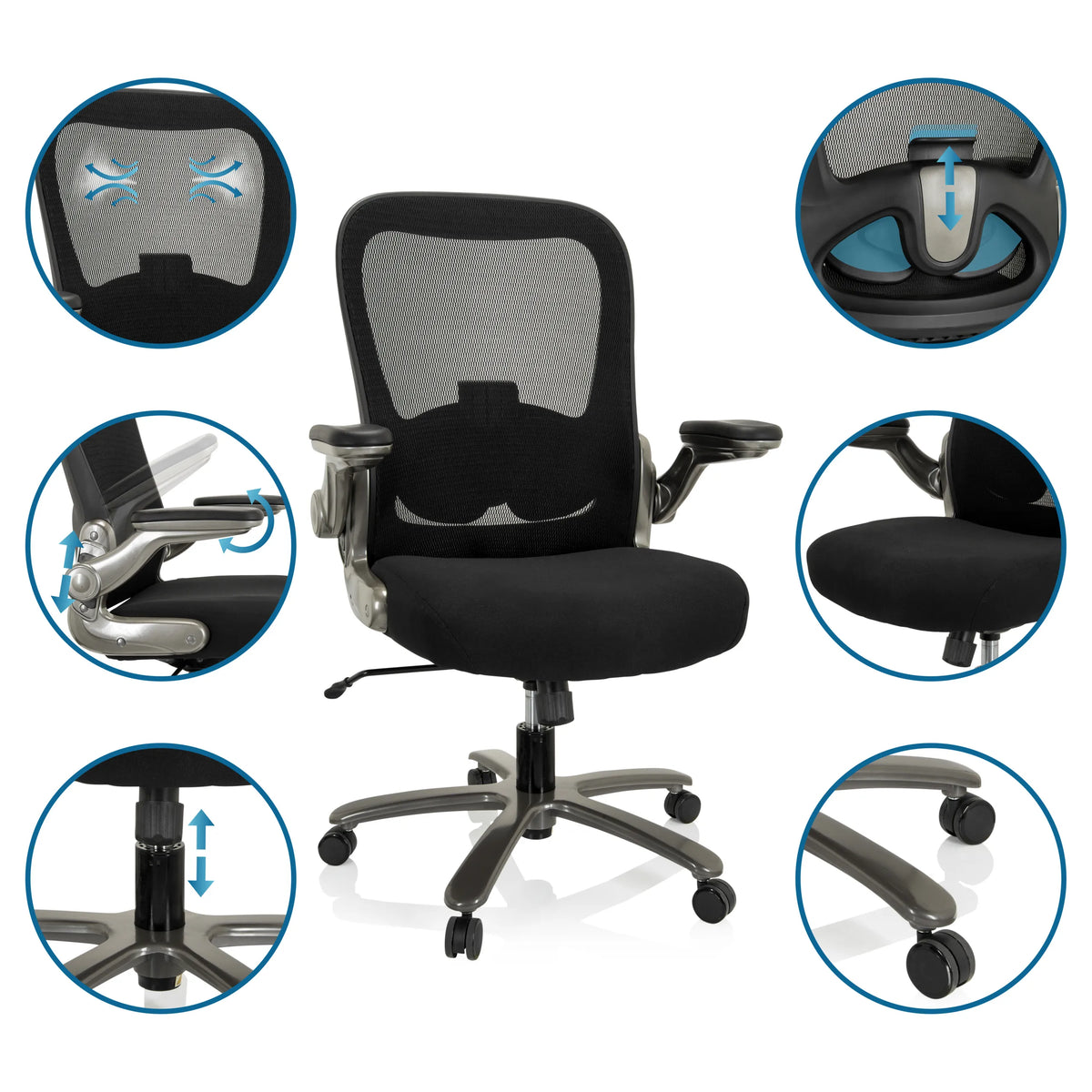 Silla giratoria XXL INSTRUCTOR T I en negro con respaldo de malla, reposabrazos ajustables y ruedas de hjh OFFICE