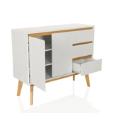 Aparador blanco TAROLO I con una puerta abierta y un cajón sobre patas de madera de hjh LIVING