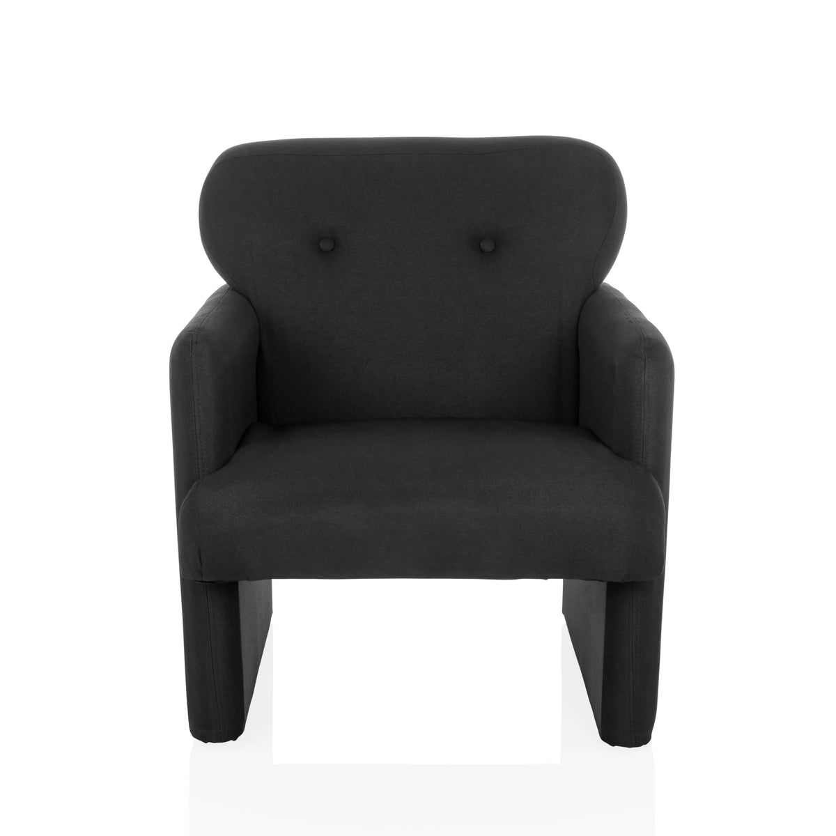 Sillón de diseño CARIPITO negro con tapizado de tela y dos botones en el respaldo de hjh LIVING – vista de 360° (vista frontal 0°)