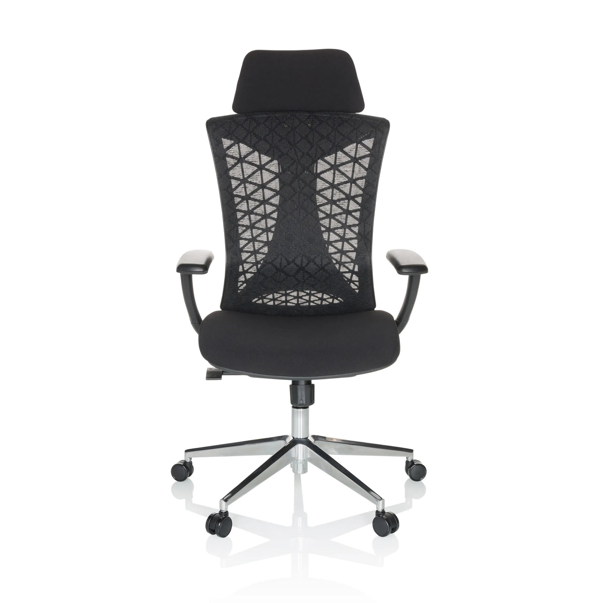 Silla de oficina profesional FALEO B negra con respaldo de malla y base de cinco ruedas de hjh OFFICE – vista de 360° (vista frontal 0°)