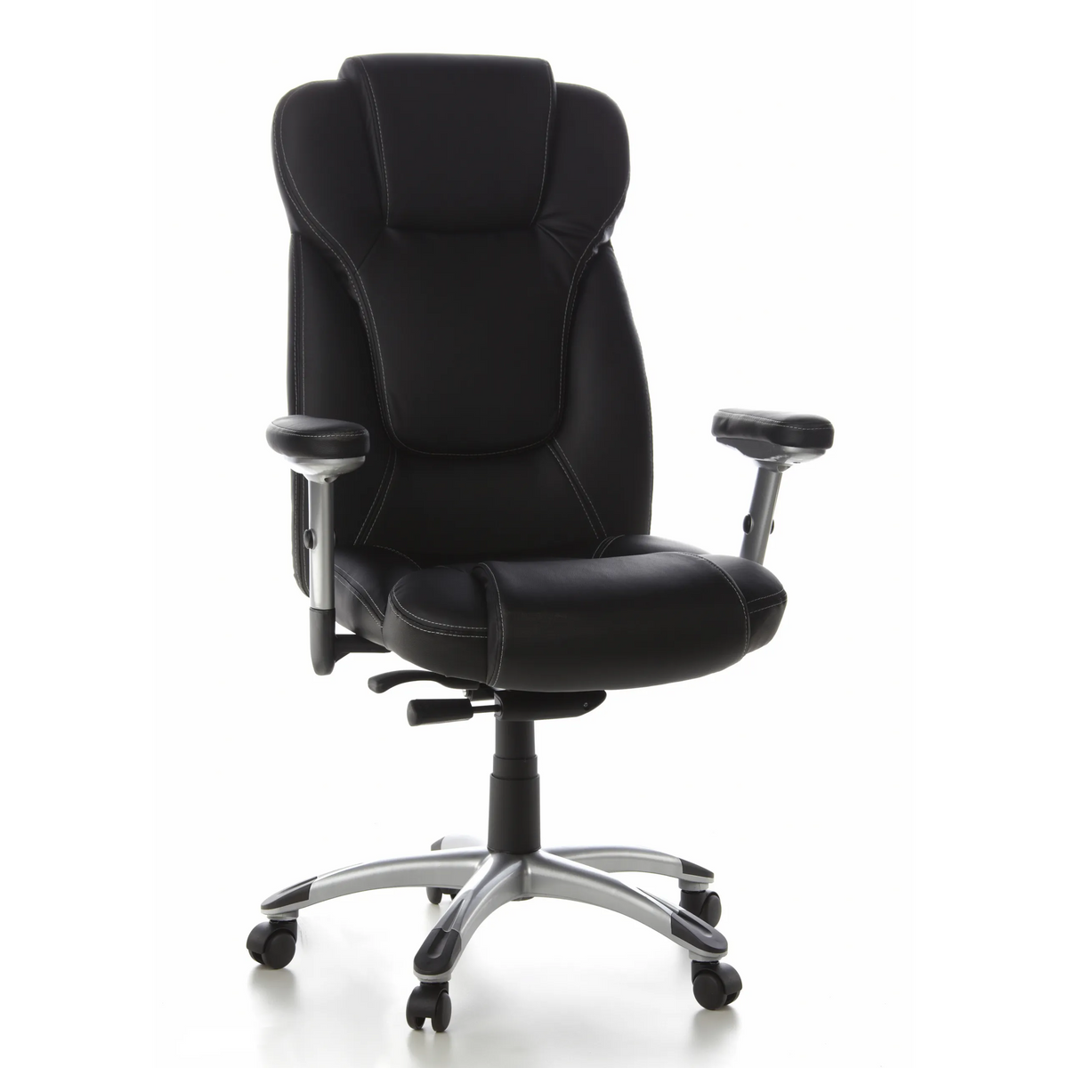 Sillón de oficina profesional EMBASSY 200 negro con reposabrazos y base de cinco ruedas de hjh OFFICE – vista de 360° (vista frontal 20°)