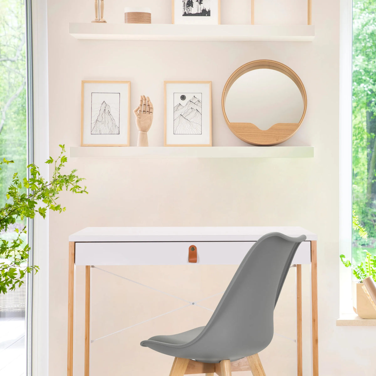 Escritorio blanco TAROLO II con un cajón y patas de madera clara de hjh LIVING
