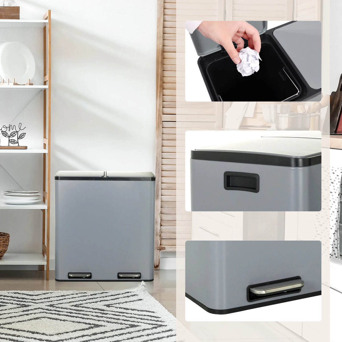 Papeleras Clean 13 gris con tapa y pedal en diferentes vistas de hjh OFFICE
