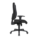 Silla de oficina profesional HJH WORK PRO negra con respaldo de malla y base de cinco ruedas de Topstar – vista de 360° (vista trasera en diagonal 120°)