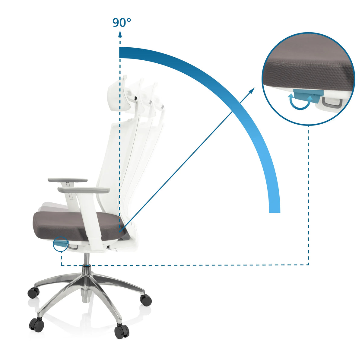Ángulo de inclinación ajustable de 90 grados del respaldo de la Silla de oficina profesional ASPEN WHITE PRO de hjh OFFICE
