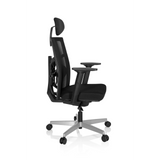 Silla de oficina profesional BELLAC negra con respaldo de malla, reposacabezas y base de cinco ruedas de hjh OFFICE – vista de 360° (vista lateral 80°)