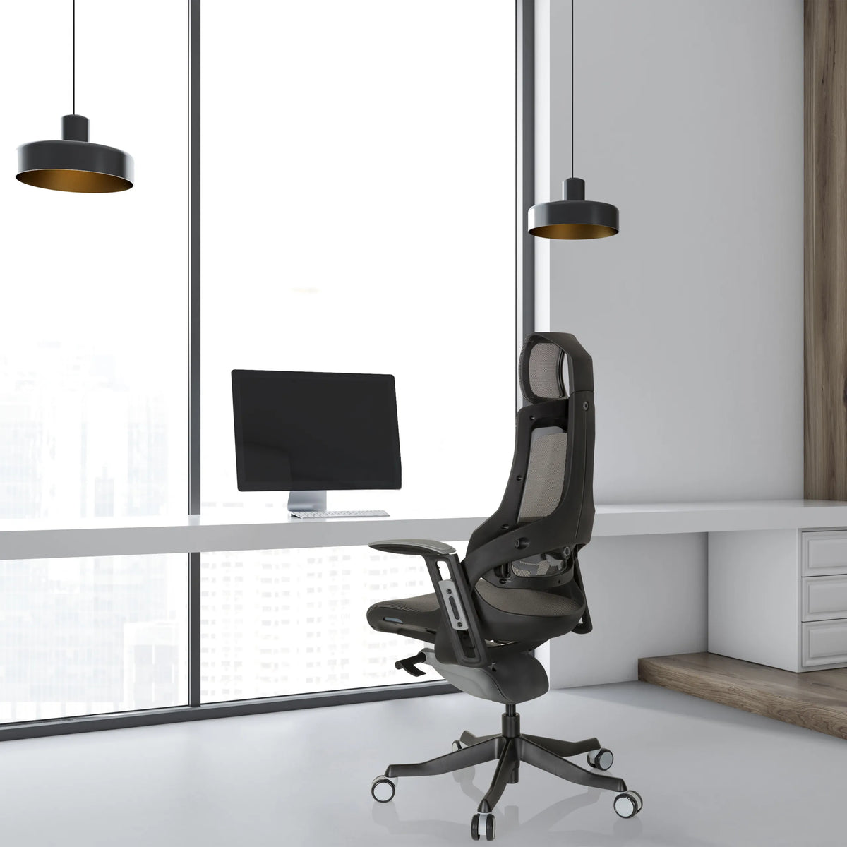 Silla de oficina profesional SPEKTRE BLACK en color gris y negro con respaldo de malla y ruedas de hjh OFFICE
