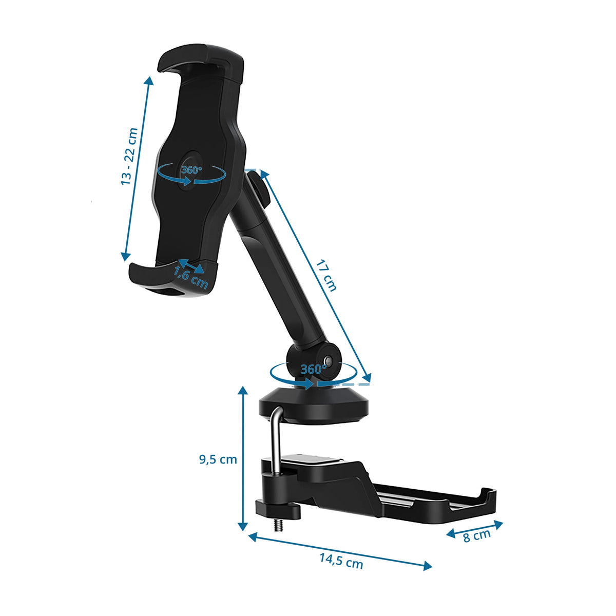 Maßzeichnung der Handy- und Tablet-Halterung FLEXMOBI III mit einer Höhe von 17 cm von hjh OFFICE