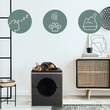 Casa para gatos KITTY PAWBOX 2 en negro y roble con un gato durmiendo y tres símbolos de funciones de hjh LIVING