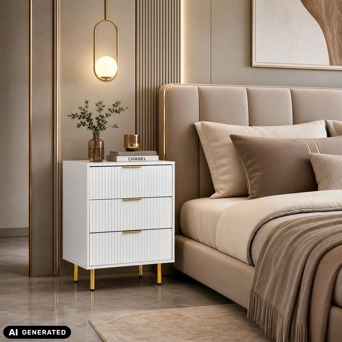 Cómoda blanca Hjelle K con tres cajones y patas doradas de hjh LIVING (imagen generada por IA)