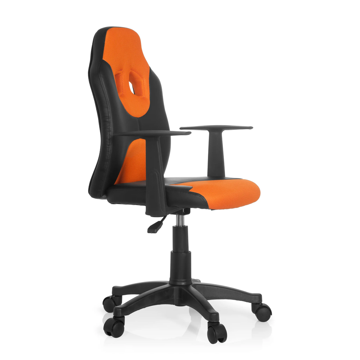 Silla giratoria para niños KID GAME AL en color negro y naranja con respaldo de malla y base de cinco ruedas de hjh OFFICE – vista de 360° (vista frontal en diagonal 60°)
