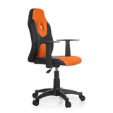 Silla giratoria para niños KID GAME AL en color negro y naranja con respaldo de malla y base de cinco ruedas de hjh OFFICE – vista de 360° (vista frontal en diagonal 60°)