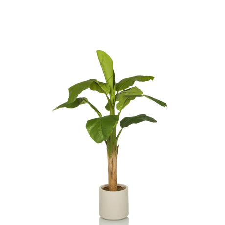 Planta artificial verde BANANE I con hojas grandes en una maceta blanca sencilla de hjh OFFICE