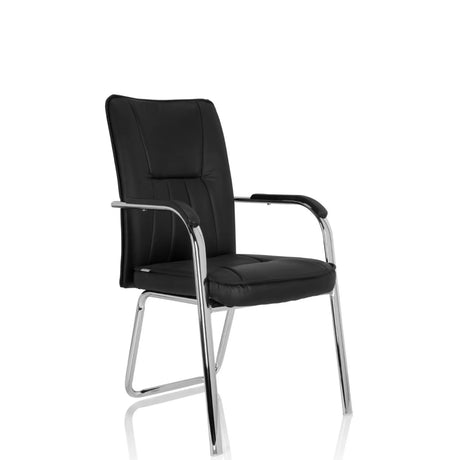 Silla de confidente negra BANDA V con tapizado de cuero sintético y estructura de patines cromada de hjh OFFICE