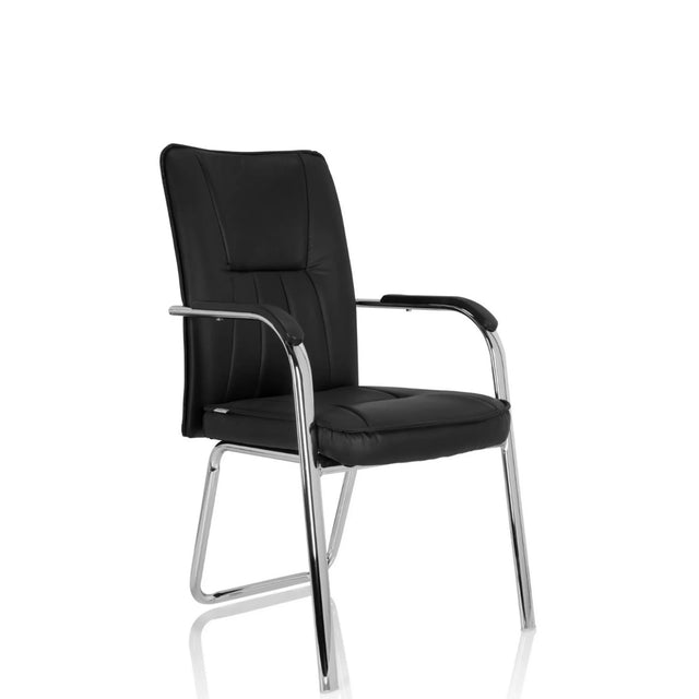 Silla de confidente negra BANDA V con tapizado de cuero sintético y estructura de patines cromada de hjh OFFICE