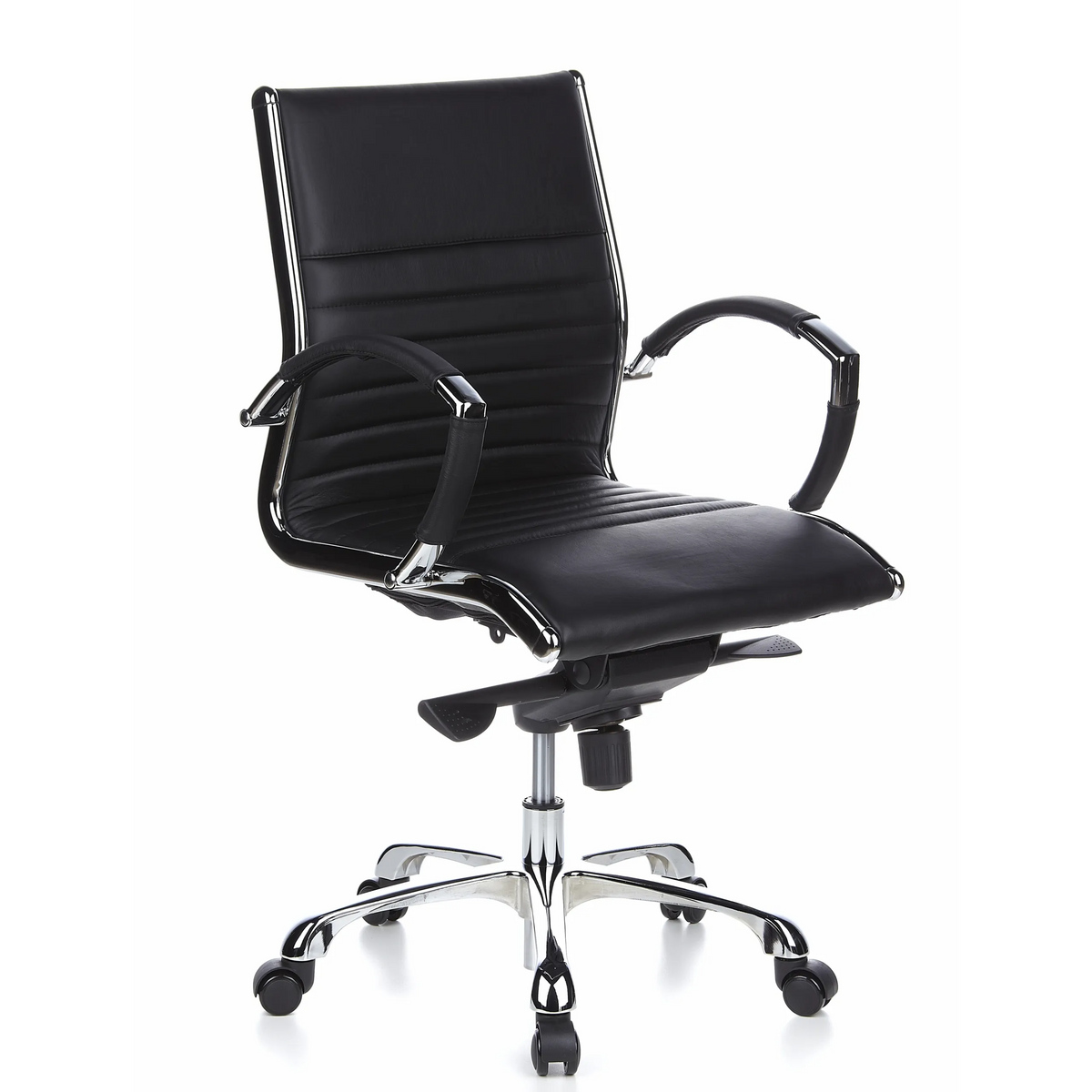 Sillón de oficina profesional PARMA 10 negro con costura transversal y base brillante de cinco ruedas de hjh OFFICE – vista de 360° (vista frontal en diagonal 40°)