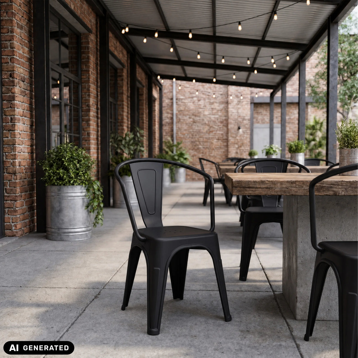 Sillas de comedor negras Vantaggio Poly en una mesa de madera al aire libre de hjh OFFICE (imagen generada por IA)