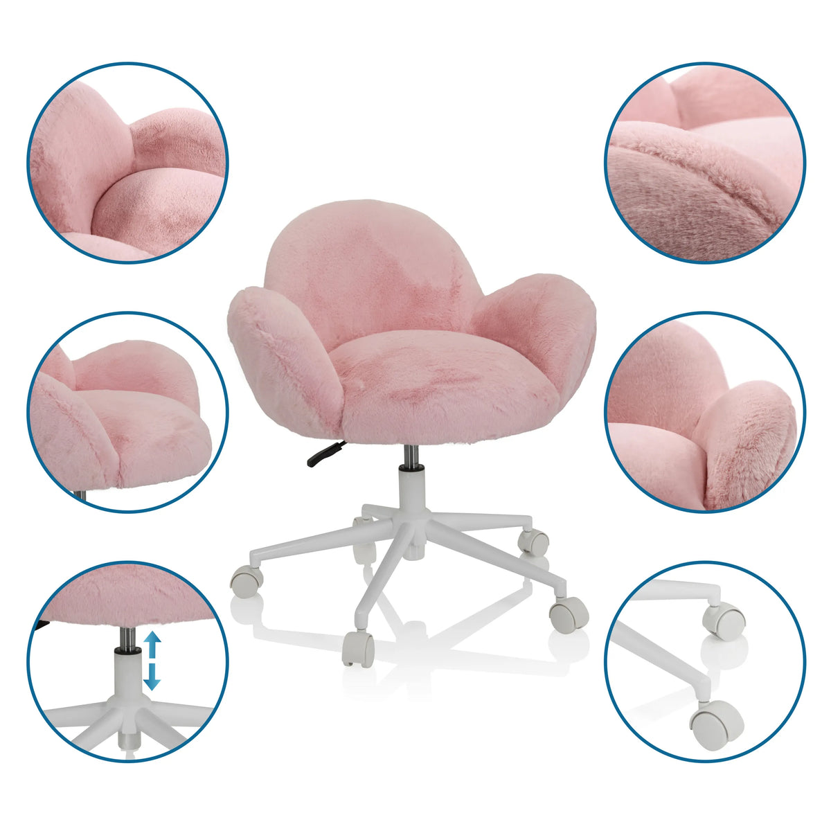 Silla giratoria para niños KID TEDDY rosa con funda suave, base blanca y ruedas de hjh OFFICE