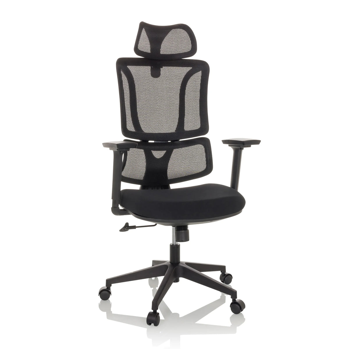 Silla Home Office ERGOMY negra con respaldo de malla y base de cinco ruedas de MyBuero – vista de 360° (vista frontal 15°)
