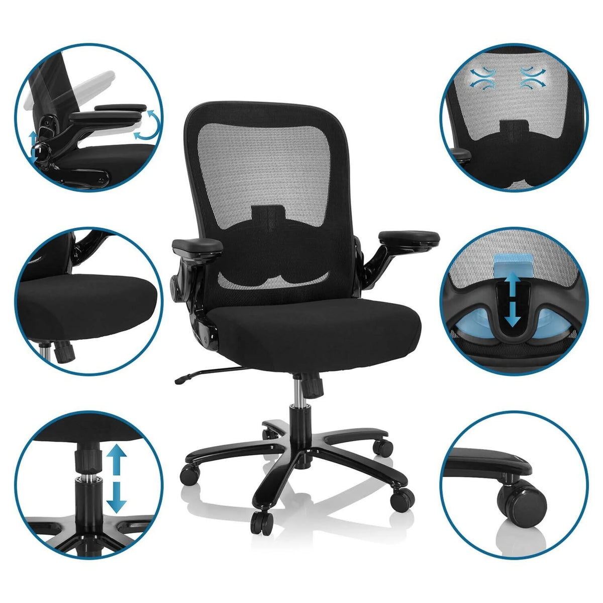 Silla giratoria XXL INSTRUCTOR SW I en negro con respaldo de malla y varias opciones de ajuste de hjh OFFICE