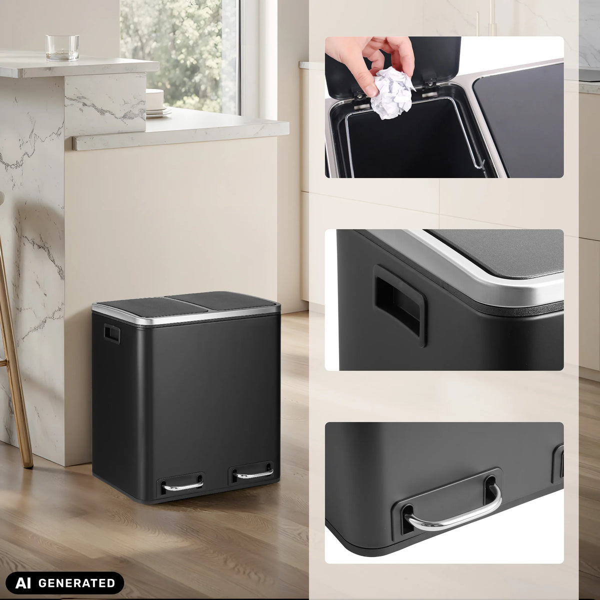 Papelera Clean 9 en negro con dos compartimentos y asas de hjh OFFICE (imagen generada por IA)