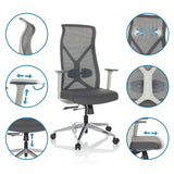 Silla de oficina profesional AZURRO WHITE en gris con varias vistas detalladas de las opciones de ajuste de hjh OFFICE