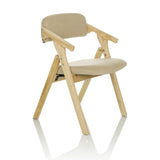 Silla plegable SCANDIO beige con reposabrazos y estructura de madera de hjh OFFICE – vista de 360° (vista frontal en diagonal 45°)