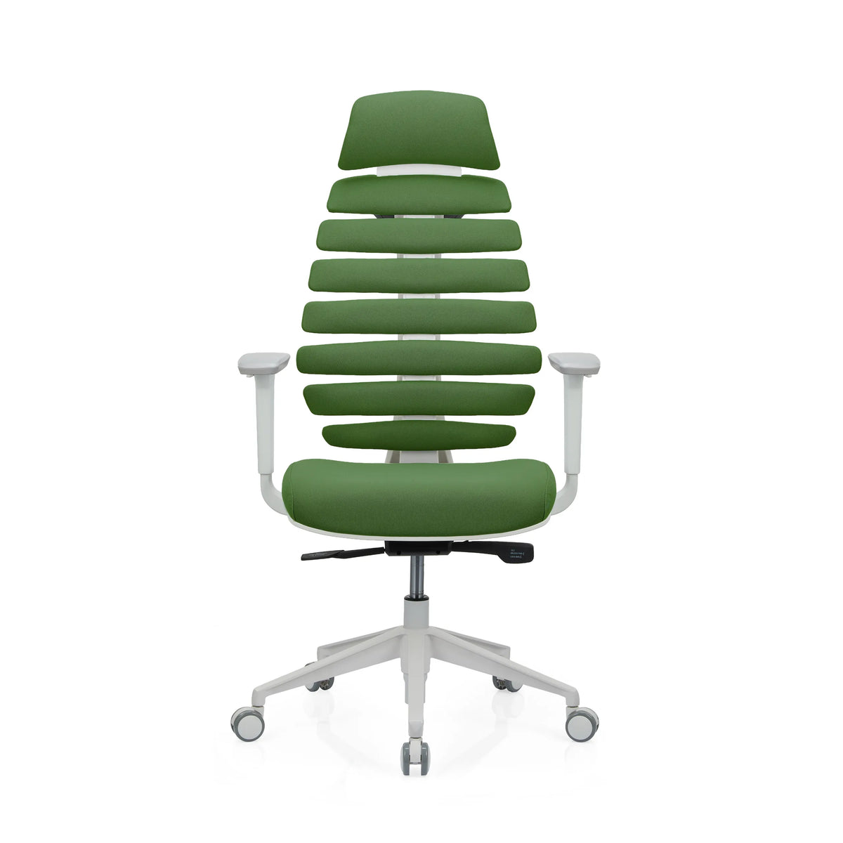 Silla de oficina profesional ERGO LINE W verde con respaldo segmentado y base blanca de cinco ruedas de hjh OFFICE – vista de 360° (vista frontal 0°)