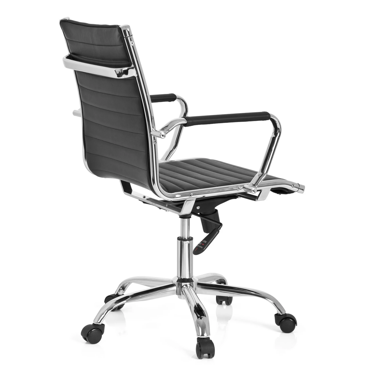 Sillón de oficina profesional VEMONA 10 negro con costura transversal y base de cinco ruedas de hjh OFFICE – vista de 360° (vista trasera en diagonal 120°)