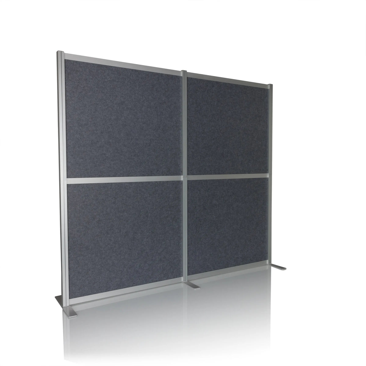 Separador FLEXMIUT MODUL gris con marco de aluminio y pies de apoyo de hjh OFFICE – vista de 360° (vista frontal en diagonal 30°)