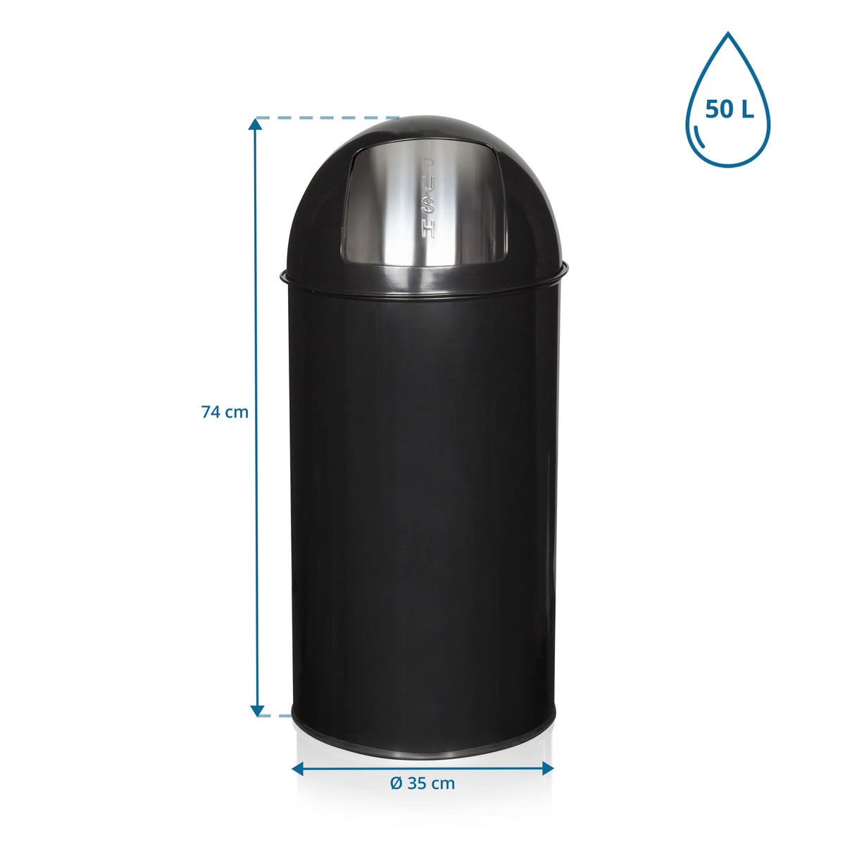 Vista de dimensiones de la Papelera PUSH 50L con una altura de 74 cm y un diámetro de 35 cm de hjh OFFICE