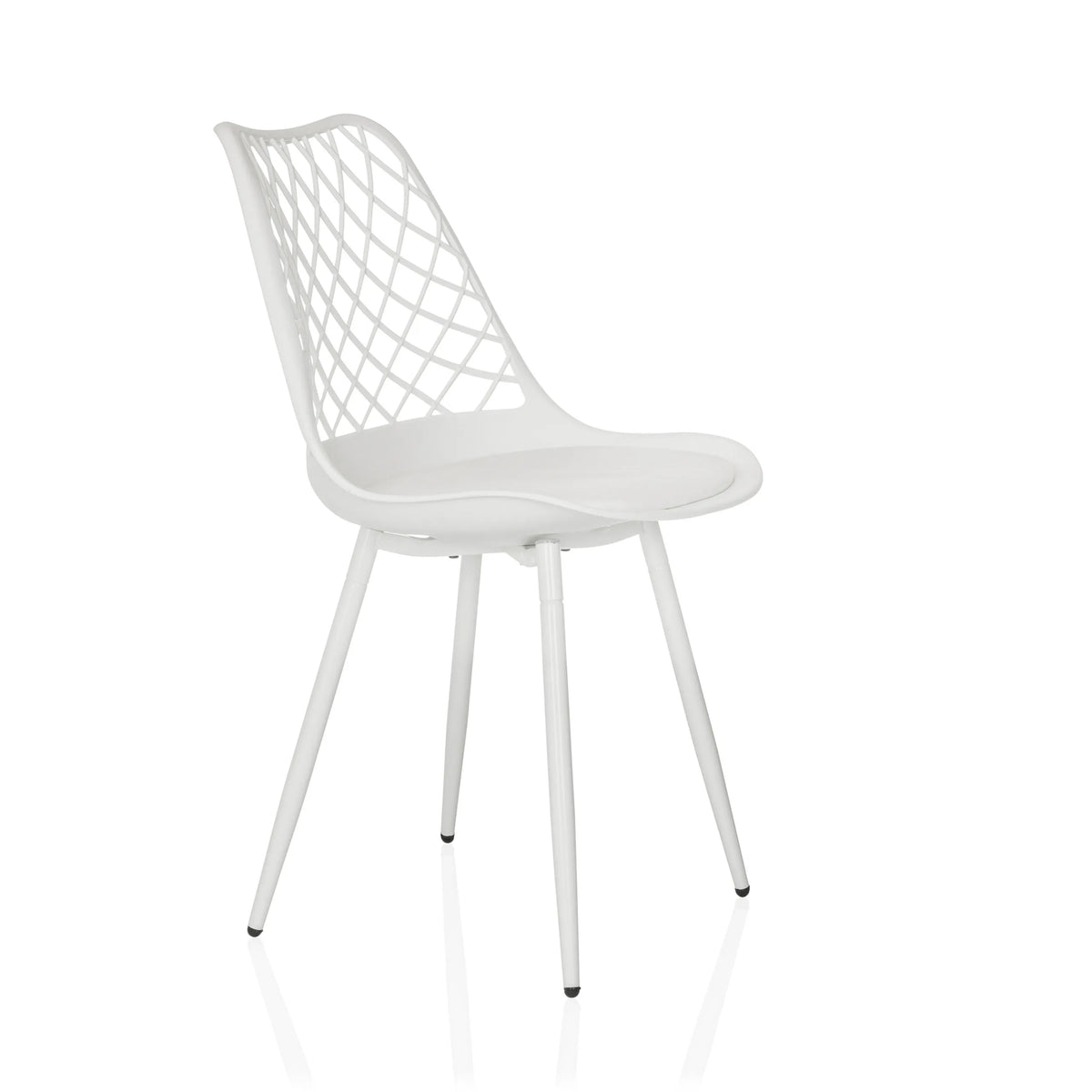 Silla de exterior blanca BEGIO S con respaldo de rejilla y cuatro patas de hjh LIVING – vista de 360° (vista frontal en diagonal 60°)