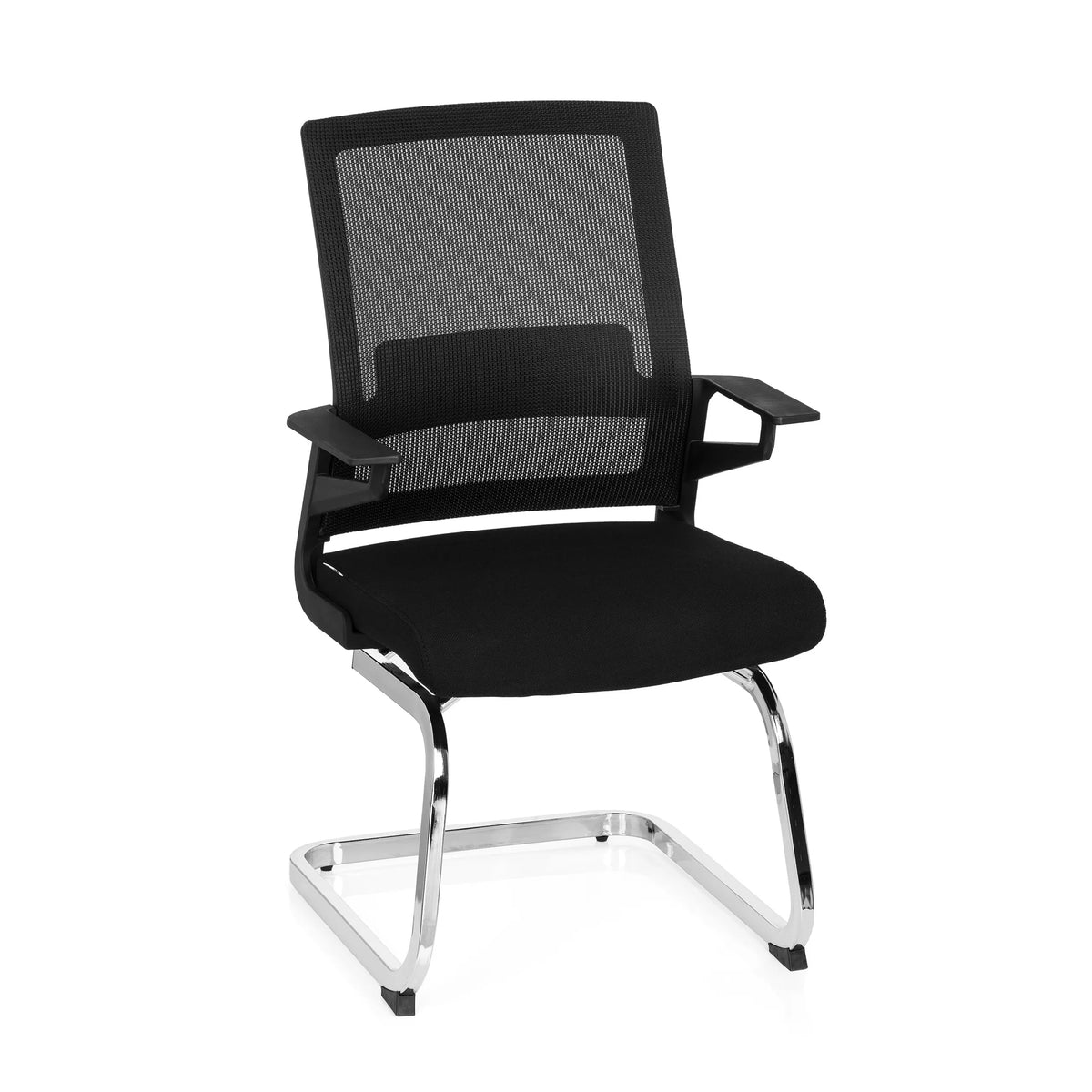 Silla de viga voladiza INVENTOR V negra con respaldo de malla, reposabrazos y base de patín de hjh OFFICE – vista de 360° (vista frontal 20°)