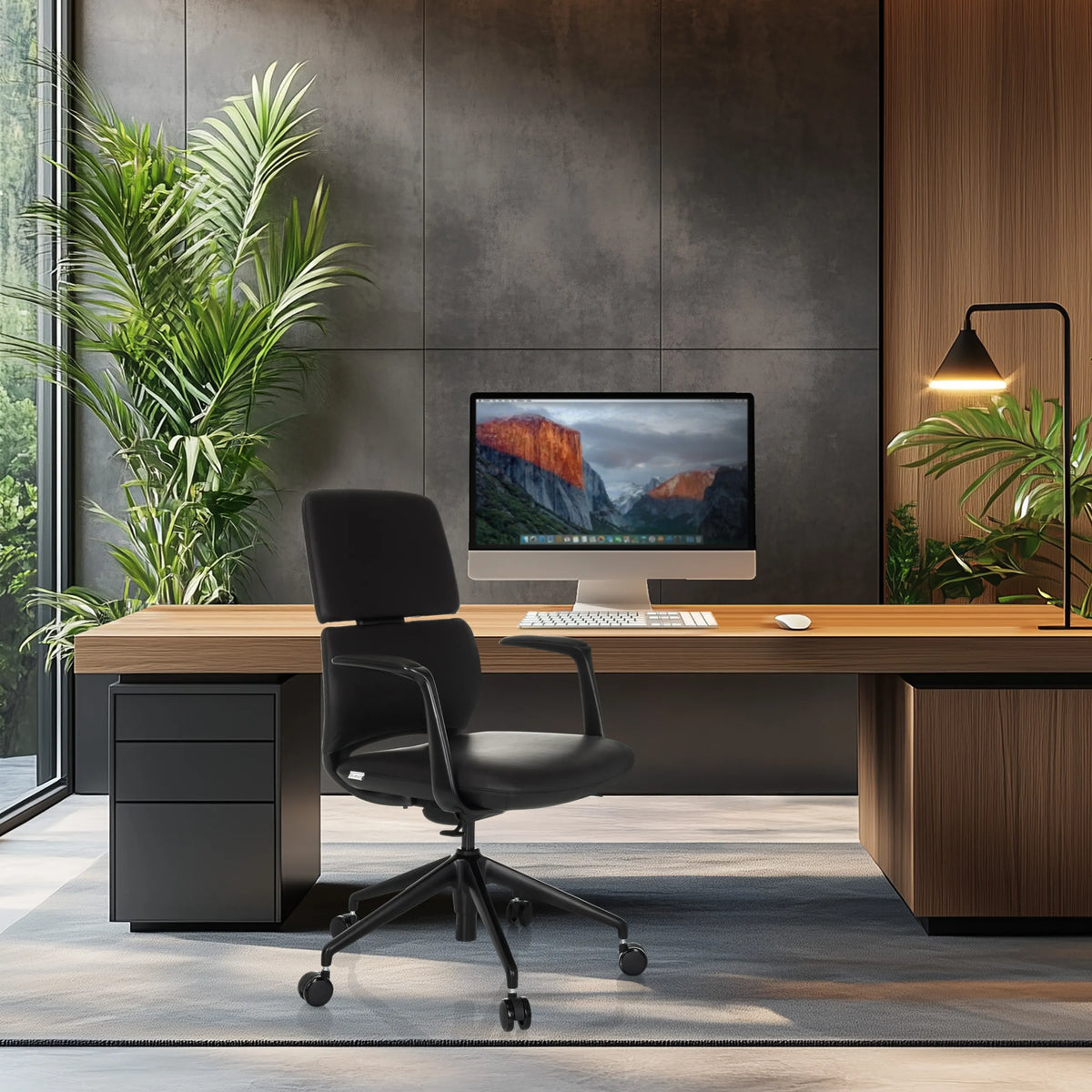 Silla de oficina profesional ATMOS DESIGNER negra con reposabrazos y ruedas en un escritorio de hjh OFFICE