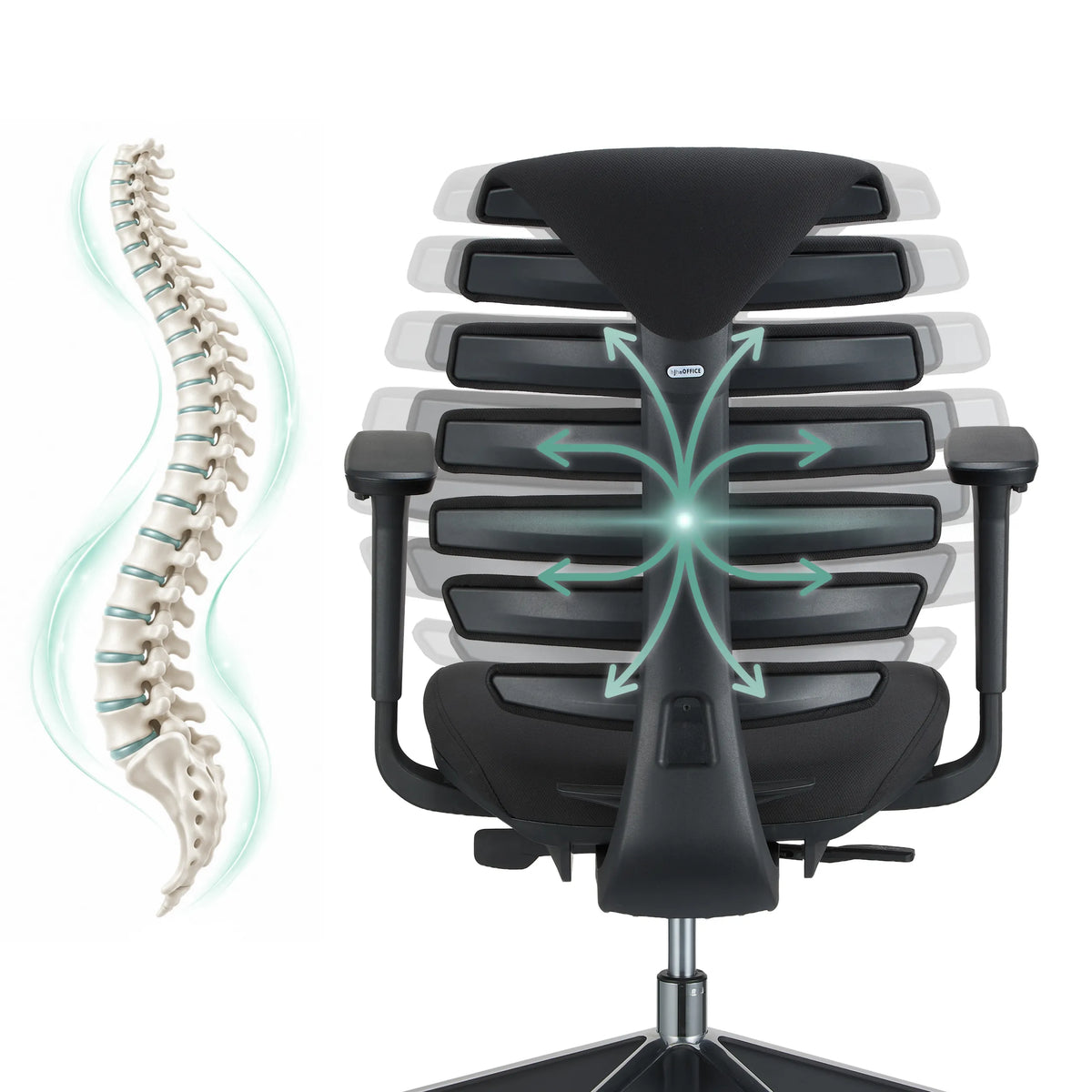 Respaldo de la silla de oficina profesional ERGO LINE II con una representación esquemática de una columna vertebral de hjh OFFICE