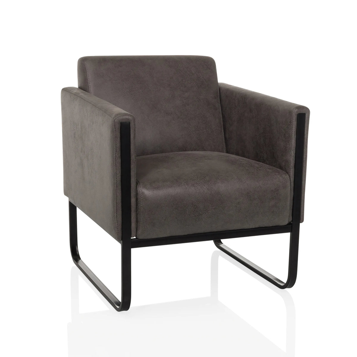 Sillón de diseño Aruba Retro gris con reposabrazos y estructura negra de hjh OFFICE – vista de 360° (vista frontal 15°)