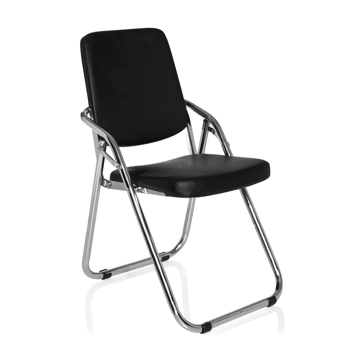 silla plegable ESTO negra con tapicería de cuero sintético y estructura de cromo de hjh OFFICE – vista de 360° (vista frontal en diagonal 40°)