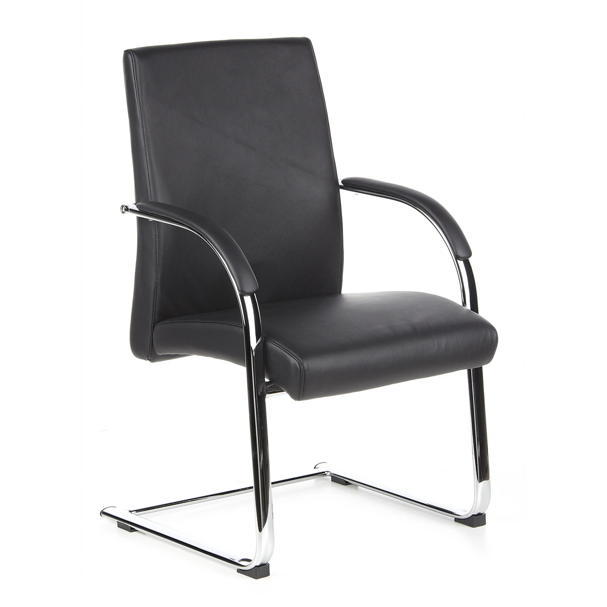 Silla de viga voladiza BAROLO V negra con reposabrazos y estructura de patín cromada de hjh OFFICE – vista de 360° (vista frontal en diagonal 40°)